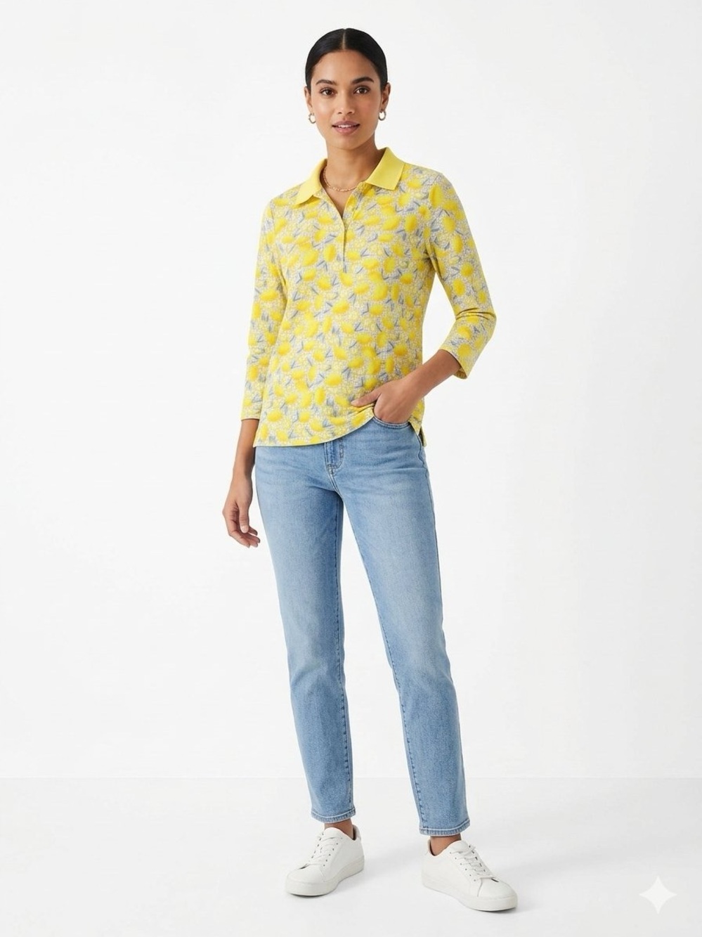 Lands’ End Cotton Gingham Lemon Fruit Print Long Sleeve Polo Shirt Yellow Small